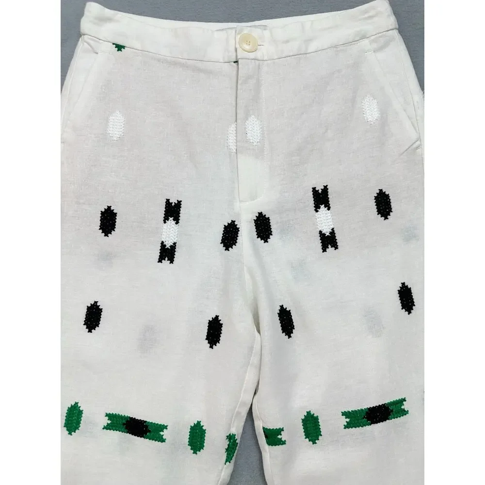Zara Embroidered Linen Blend Geometric Pants White Green Black M